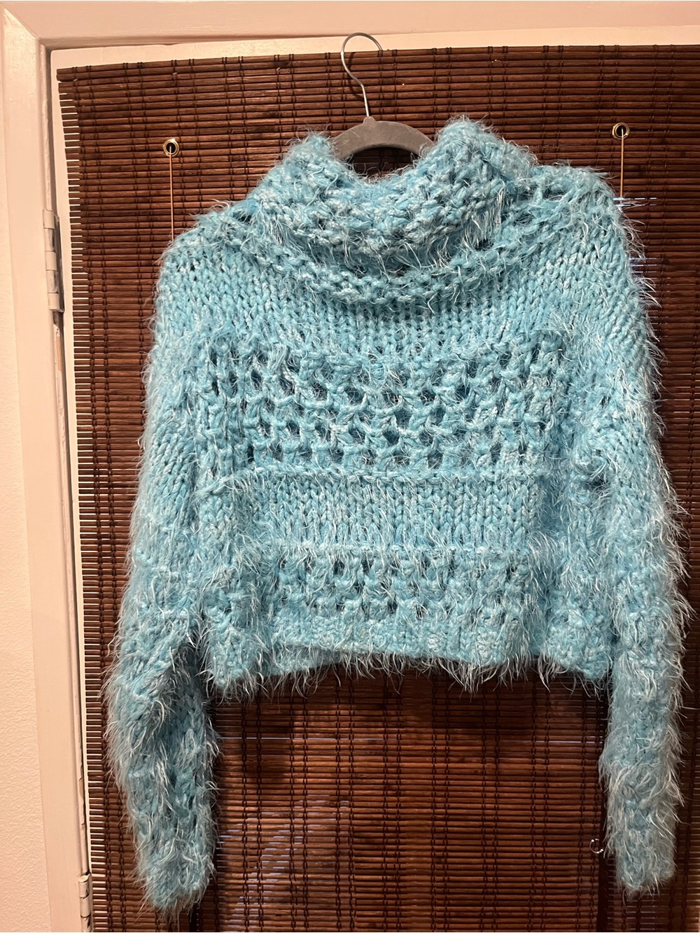 Free People Light Blue Fuzzy Cropped Cable & Open-Knit Turtleneck Sweater